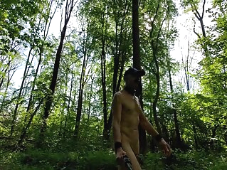 naked gay pig slave exposed in penis cage outdoor public hiking in the woods hd  gay